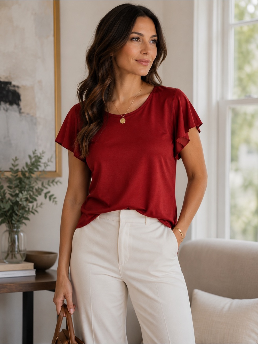 Eileen Fisher Wine Satin Flutter Sleeve Blouse Medium Minimalist Workwear Top